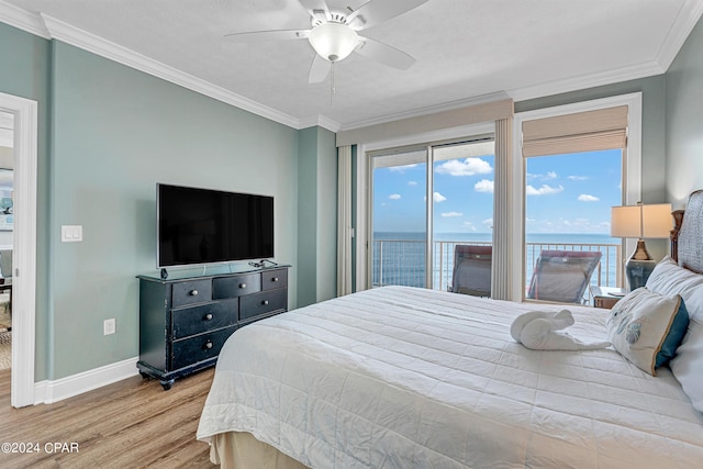 bedroom with access to exterior, baseboards, ornamental molding, wood finished floors, and a ceiling fan