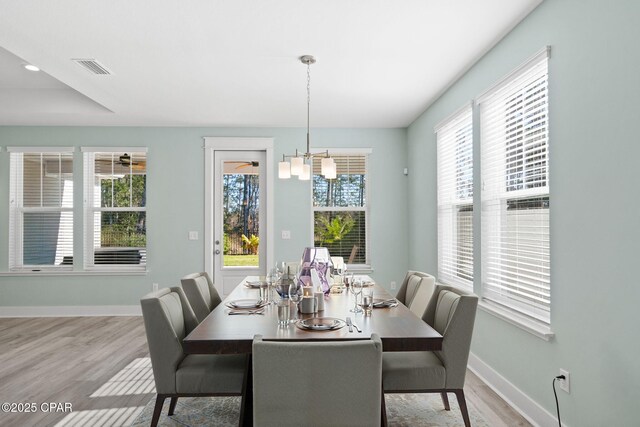 dining room featuring ceiling fan with notable chandelier and light hardwood / wood-style floors