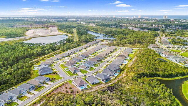 drone / aerial view featuring a water view