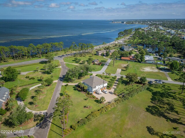 drone / aerial view with a water view