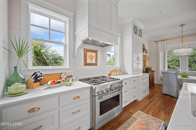 kitchen featuring white cabinetry, high end range, crown molding, and decorative light fixtures