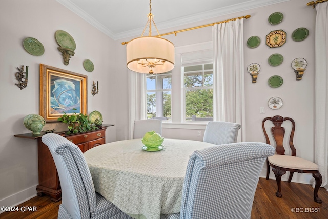 dining space with crown molding and dark hardwood / wood-style floors