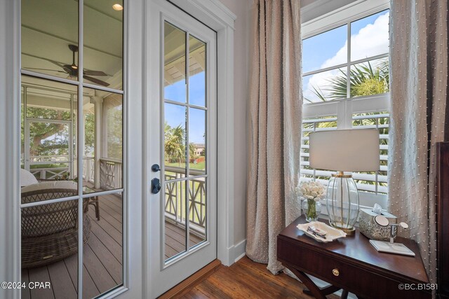 doorway with ceiling fan, dark hardwood / wood-style flooring, and a wealth of natural light