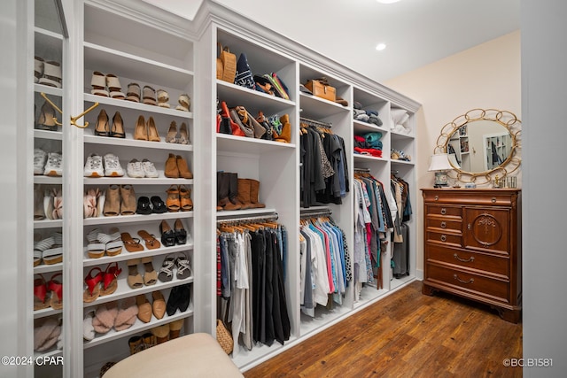 walk in closet with dark hardwood / wood-style floors