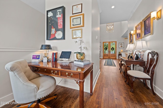 home office featuring ornamental molding, dark hardwood / wood-style flooring, and french doors