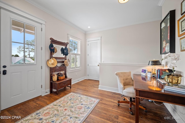 office area featuring crown molding and hardwood / wood-style floors