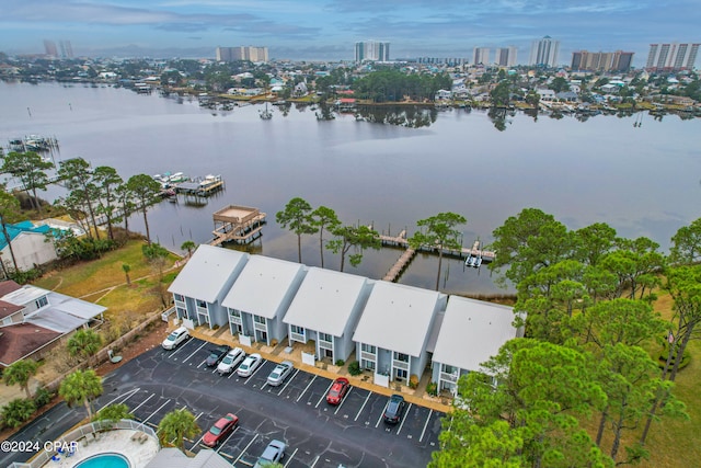 drone / aerial view featuring a water view