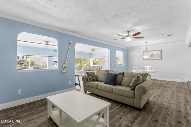 living room with a textured ceiling, a wealth of natural light, ceiling fan, and dark hardwood / wood-style floors