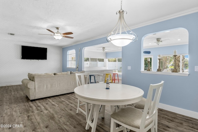 dining area featuring dark hardwood / wood-style floors, ceiling fan, ornamental molding, and a textured ceiling