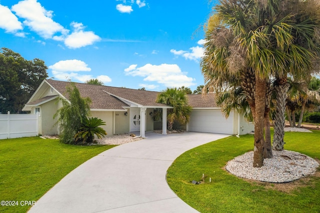 ranch-style house with a garage, driveway, a front yard, and stucco siding