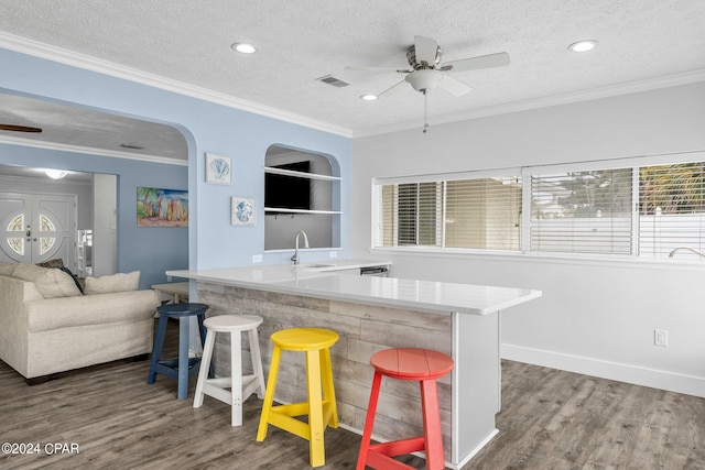 kitchen with a textured ceiling, hardwood / wood-style floors, sink, and ceiling fan