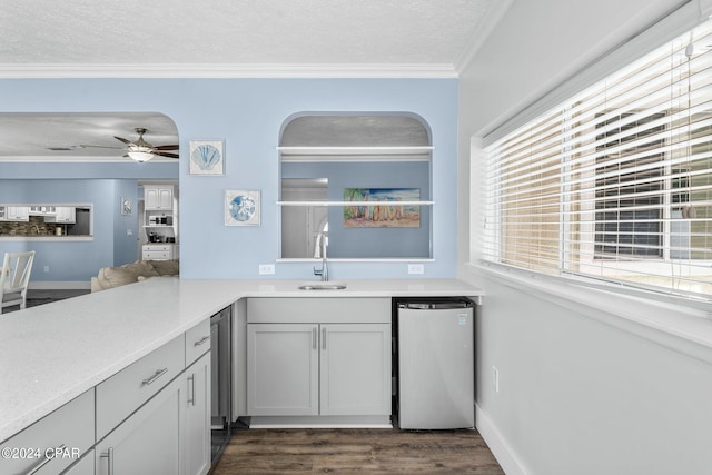 kitchen with dark wood-style floors, light countertops, crown molding, a textured ceiling, and a sink