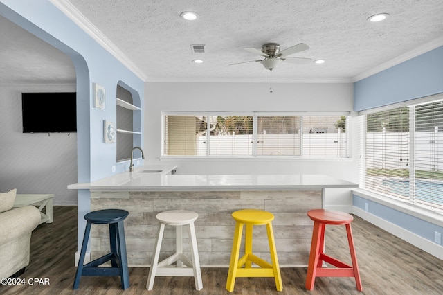 bar featuring arched walkways, a textured ceiling, wood finished floors, a sink, and crown molding