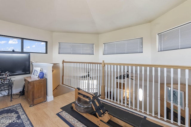 workout area featuring light hardwood / wood-style flooring