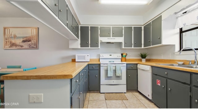 kitchen featuring white appliances, a peninsula, gray cabinets, under cabinet range hood, and a sink