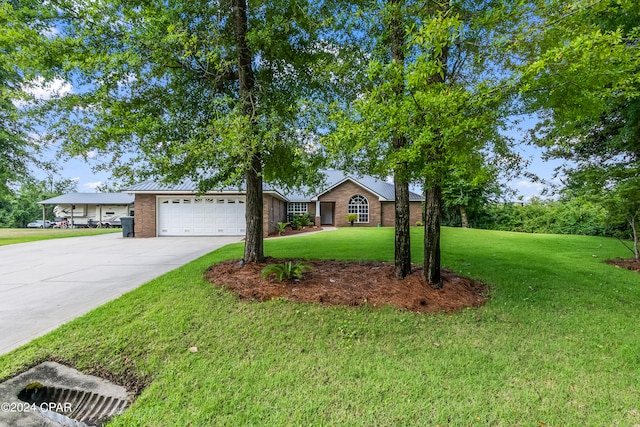 ranch-style home with a garage and a front lawn