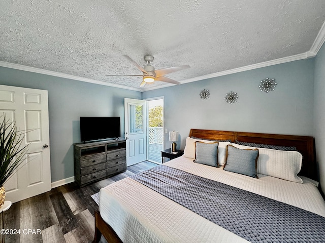 bedroom with baseboards, a ceiling fan, wood finished floors, access to exterior, and crown molding