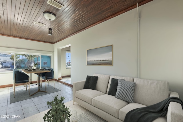 interior space featuring light tile patterned floors, vaulted ceiling, ornamental molding, and wood ceiling