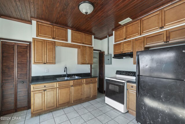 kitchen with black refrigerator, white electric range, sink, crown molding, and light tile patterned floors