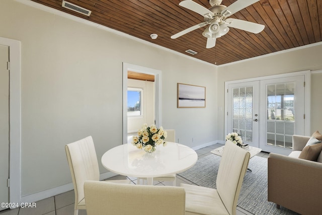 tiled dining space with crown molding, french doors, ceiling fan, and wood ceiling