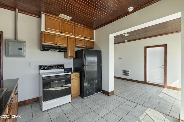 kitchen with black fridge, ornamental molding, wood ceiling, light tile patterned floors, and white range with electric cooktop