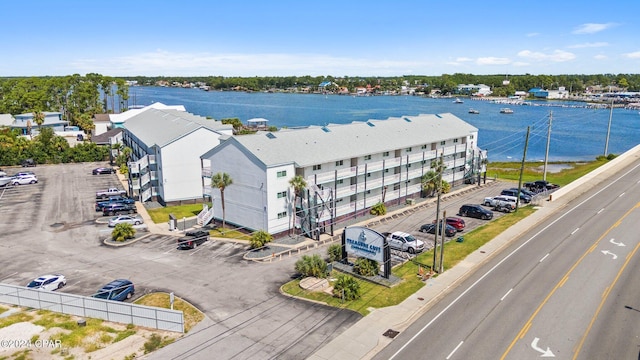 drone / aerial view with a water view