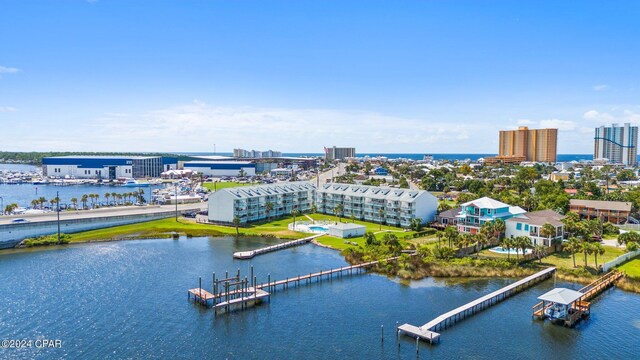 aerial view featuring a water view