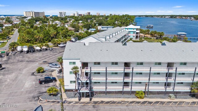 drone / aerial view with a water view