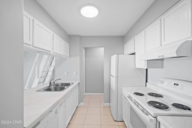 kitchen featuring light countertops, white cabinets, a sink, white appliances, and under cabinet range hood