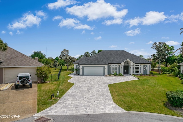 view of front of property featuring decorative driveway, an attached garage, a front lawn, and fence