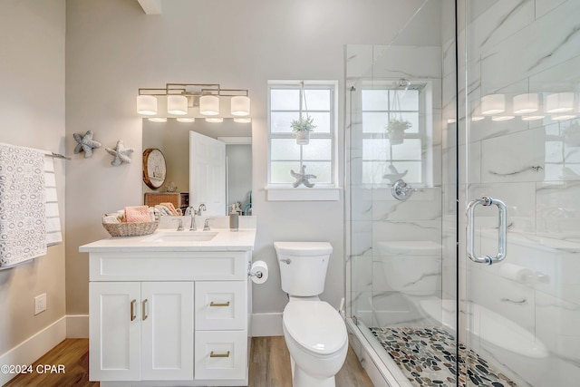 full bathroom featuring a stall shower, toilet, and wood finished floors