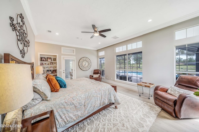 bedroom featuring visible vents, a ceiling fan, wood finished floors, crown molding, and recessed lighting