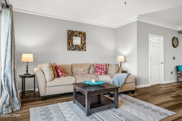 living room with hardwood / wood-style floors and crown molding