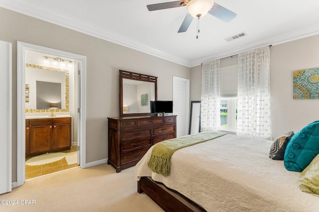 carpeted bedroom featuring connected bathroom, ceiling fan, ornamental molding, and sink