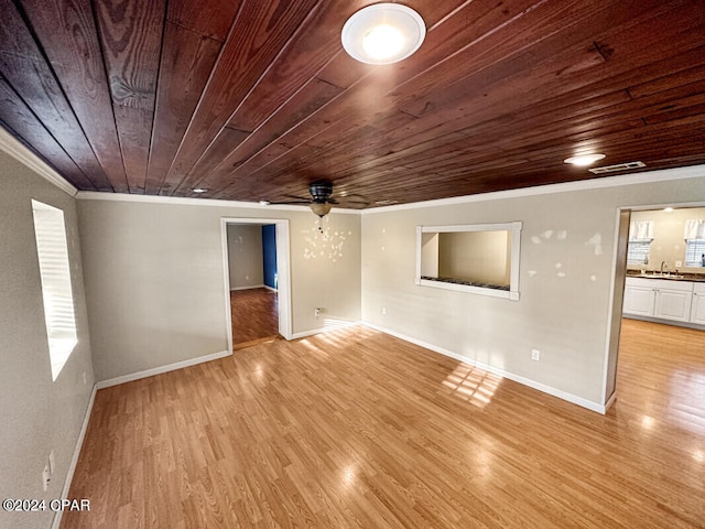 spare room with sink, crown molding, light hardwood / wood-style flooring, ceiling fan, and wood ceiling