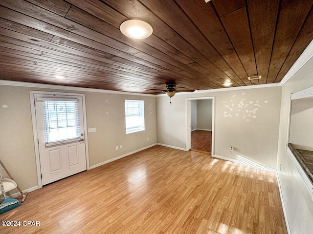 interior space featuring ceiling fan, light hardwood / wood-style flooring, wood ceiling, and ornamental molding