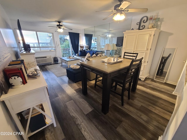 dining area featuring a wall mounted air conditioner and dark hardwood / wood-style floors