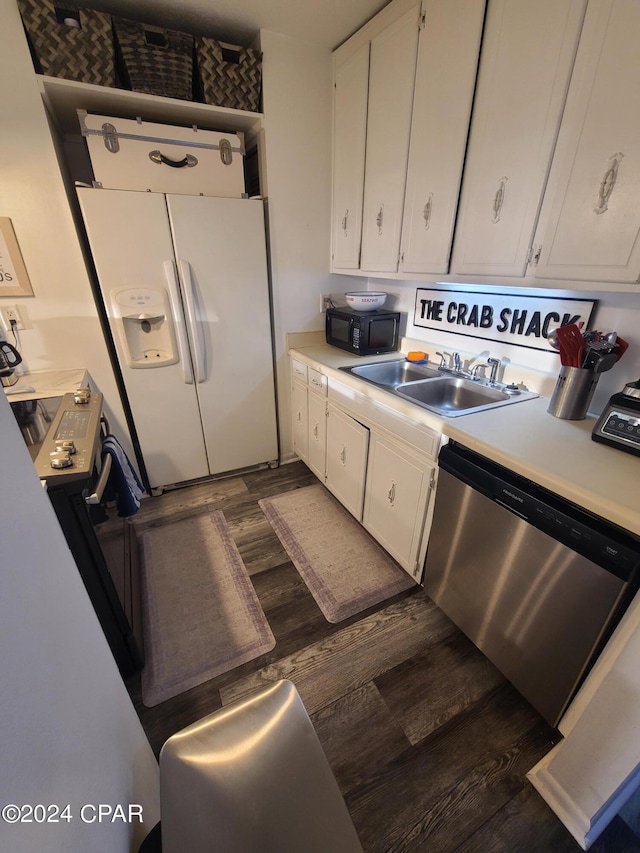 kitchen featuring sink, white fridge with ice dispenser, white cabinets, and dishwasher