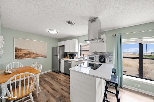 kitchen featuring white cabinetry, island range hood, kitchen peninsula, stainless steel appliances, and decorative backsplash