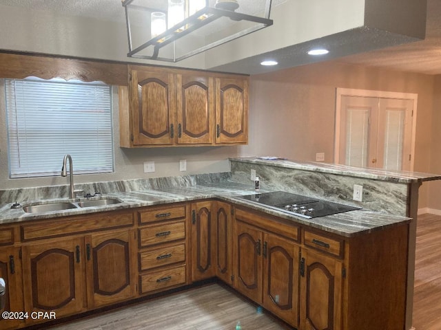 kitchen featuring kitchen peninsula, sink, black electric cooktop, and light hardwood / wood-style flooring