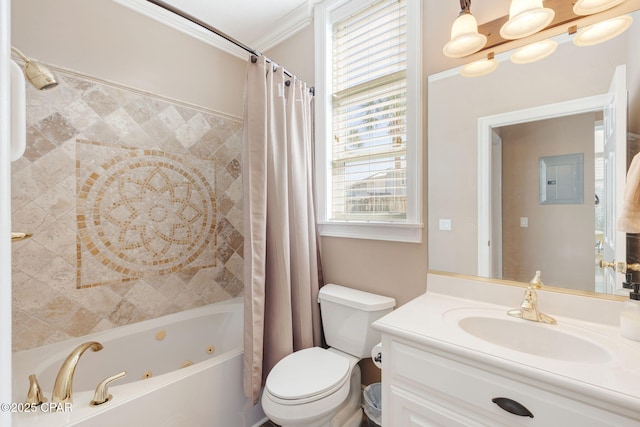 full bathroom featuring shower / bathtub combination with curtain, vanity, ornamental molding, and toilet