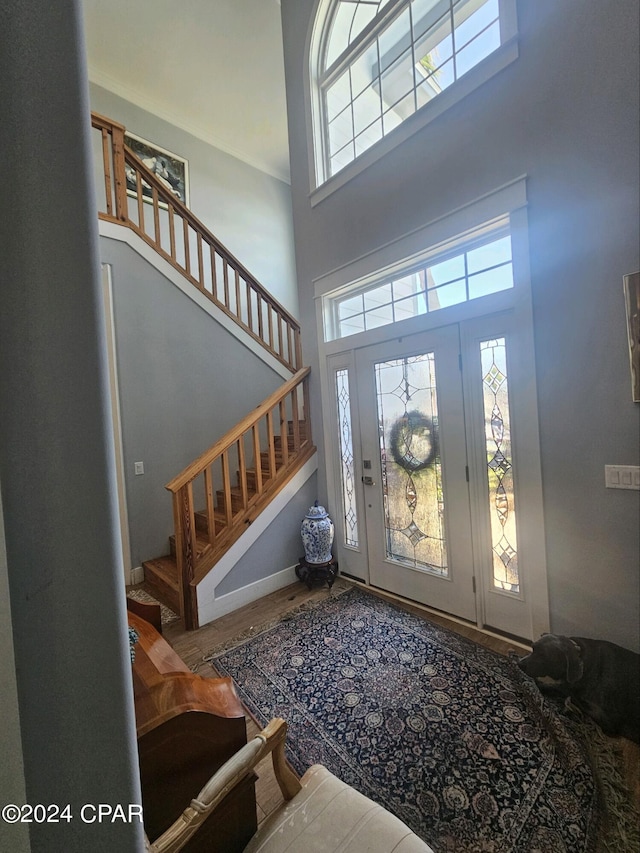 entryway with hardwood / wood-style flooring and a high ceiling