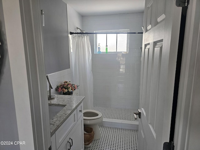 bathroom with toilet, vanity, and a shower with shower curtain