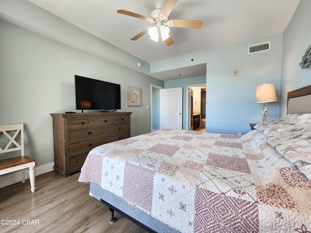 bedroom featuring ceiling fan and wood-type flooring