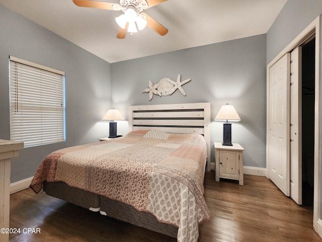 bedroom featuring a closet, wood-type flooring, and ceiling fan