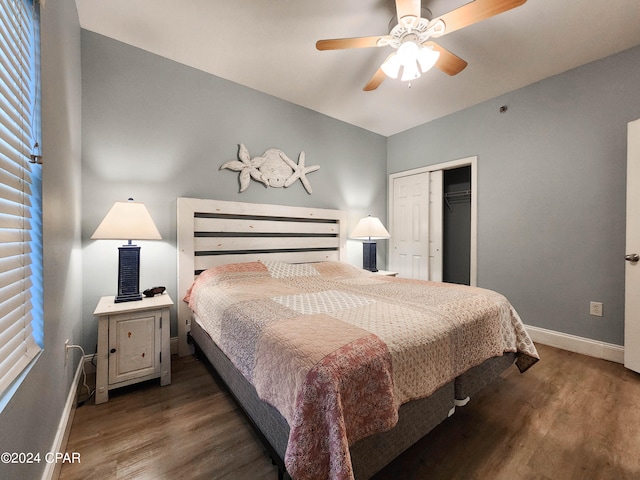 bedroom featuring ceiling fan, dark hardwood / wood-style flooring, and a closet