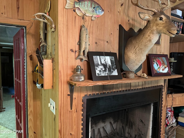 details featuring carpet and wooden walls