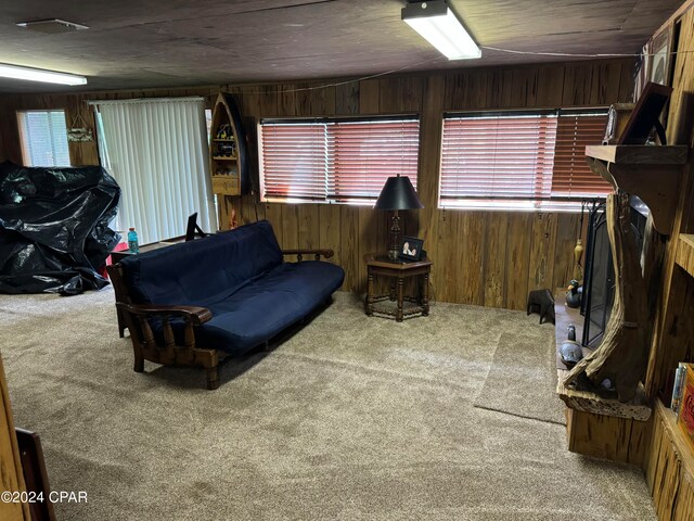 carpeted living room featuring wood walls