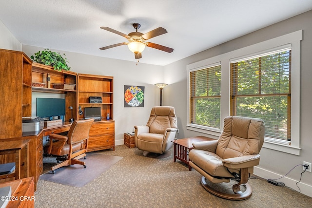 office space featuring ceiling fan, plenty of natural light, and carpet flooring