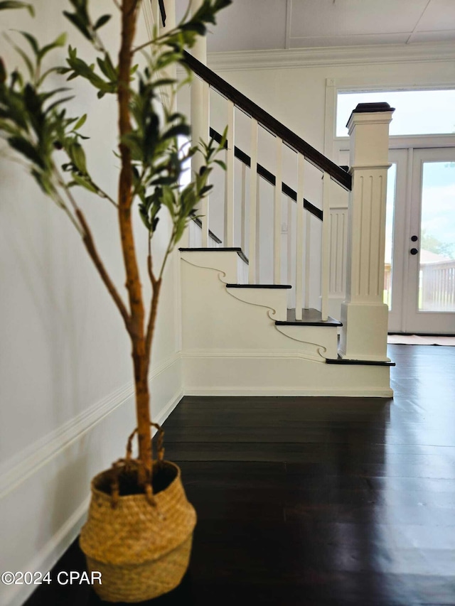 stairs featuring hardwood / wood-style flooring and crown molding